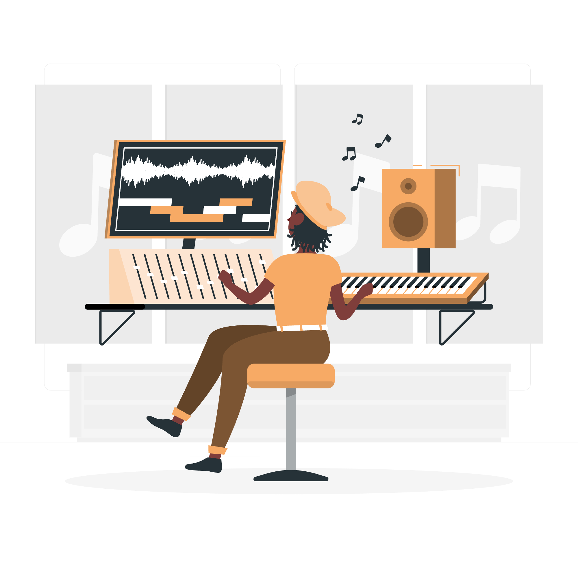 Illustration of a composer creating music, representing CMMG's collaboration with African and international musicians